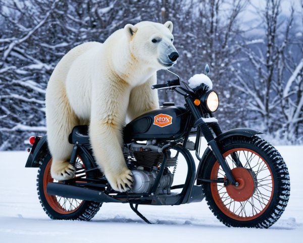 Fluffy Polar Bear on Vintage Motorcycle in Snowy Scene