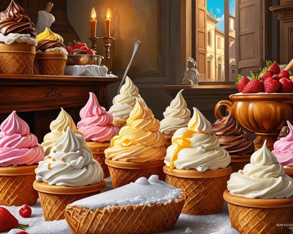 Vibrant Ice Cream Cups on a Rustic Table Display