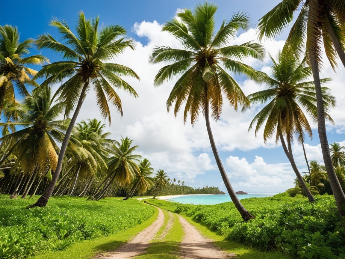Tropical Landscape with Palm Trees and Ocean Bay