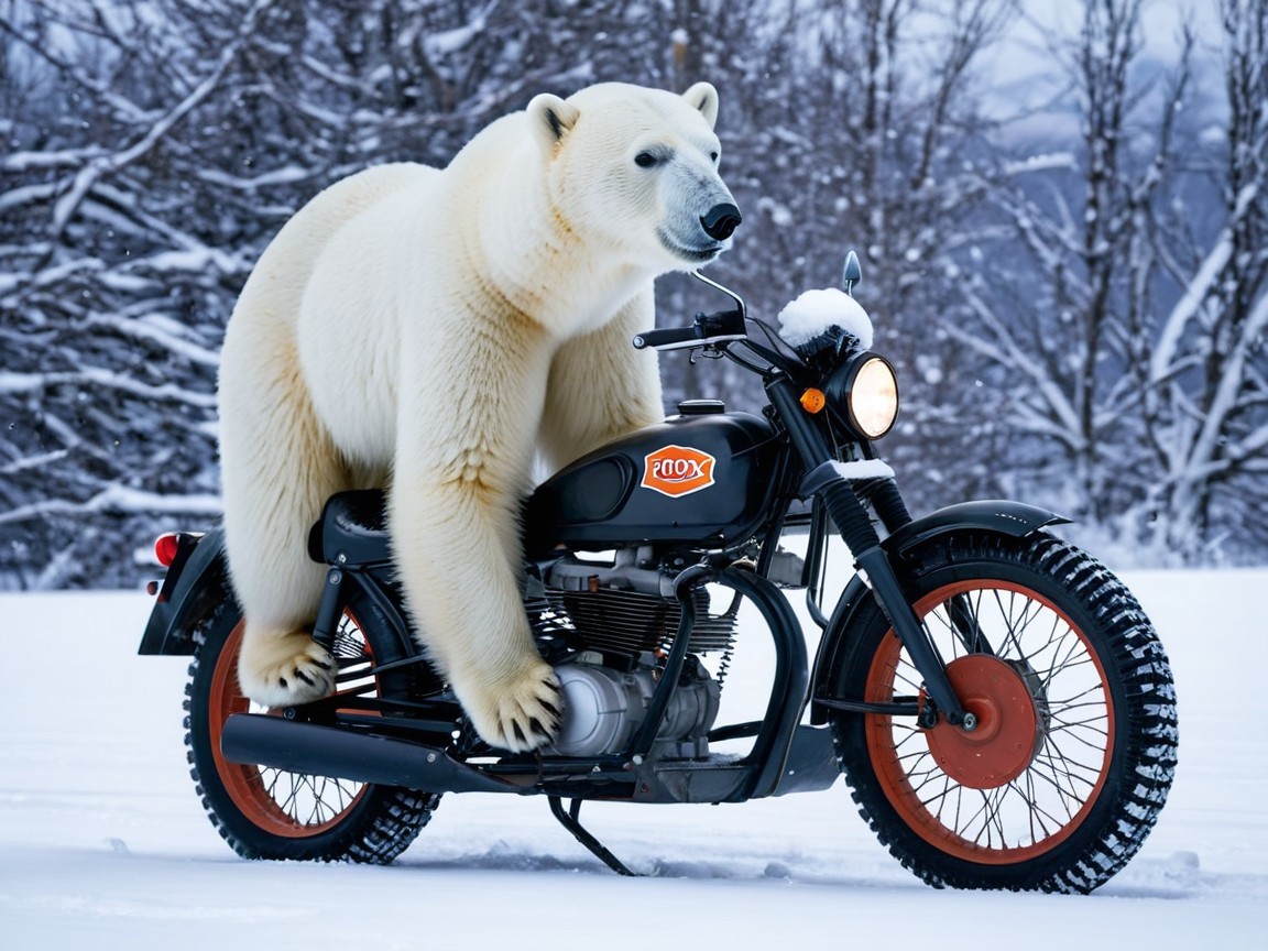 Fluffy Polar Bear on Vintage Motorcycle in Snowy Scene