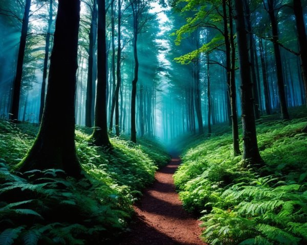 Serene Forest Scene with Mist and Sunlight Beams