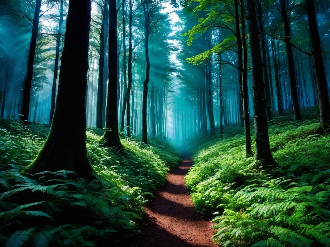Serene Forest Scene with Mist and Sunlight Beams