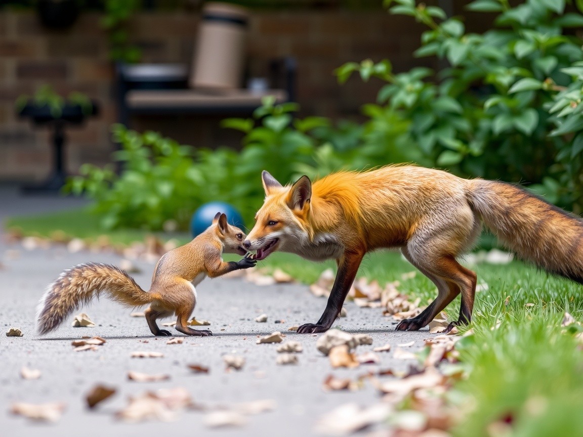 Fox and Squirrel Interaction on Garden Path