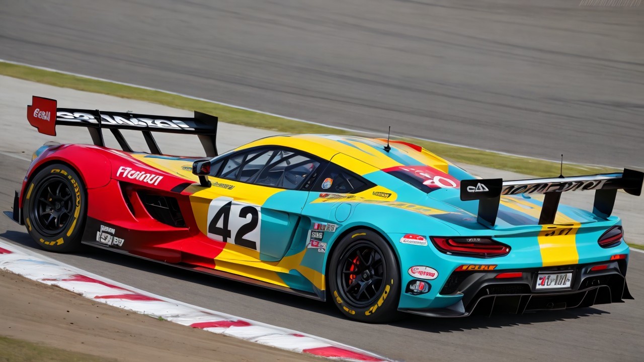 Vibrant Racing Car in Turquoise, Yellow, and Red
