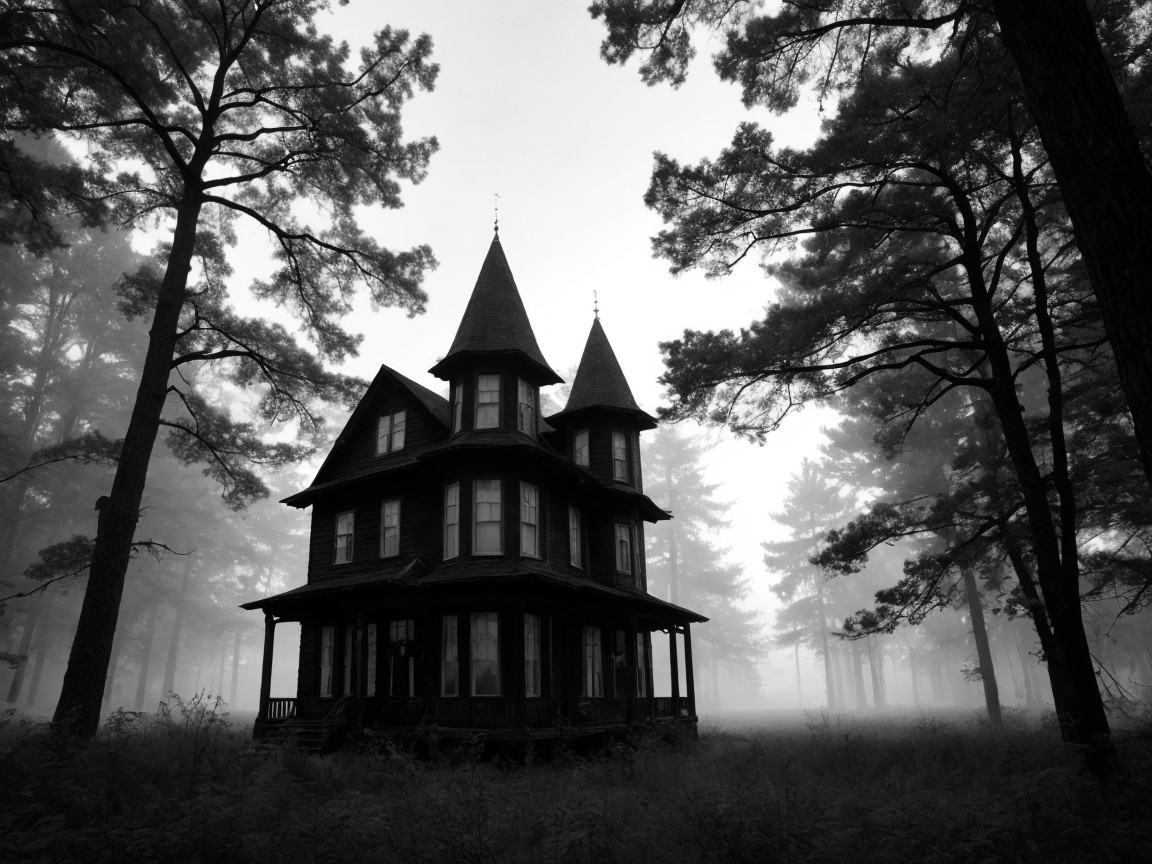 Dark Victorian Mansion in Foggy Forest Setting