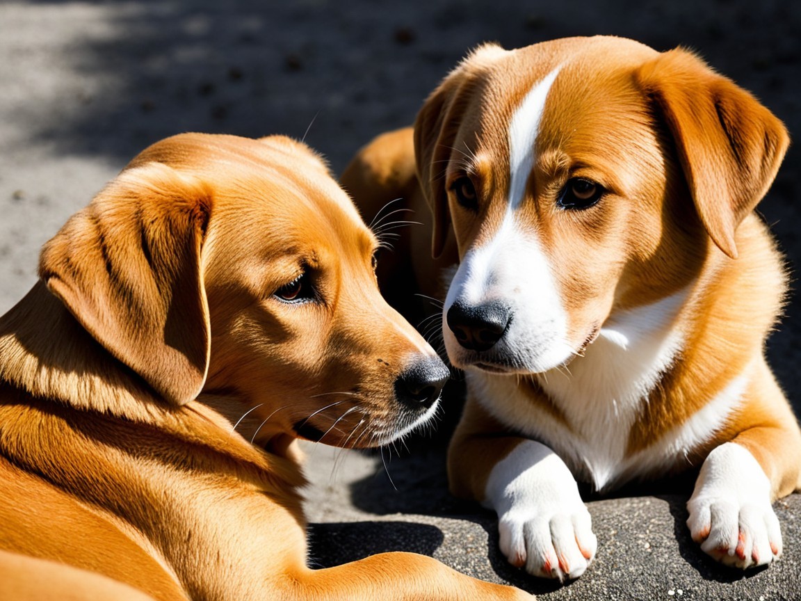 Golden Brown Puppies Resting in Sunlit Setting