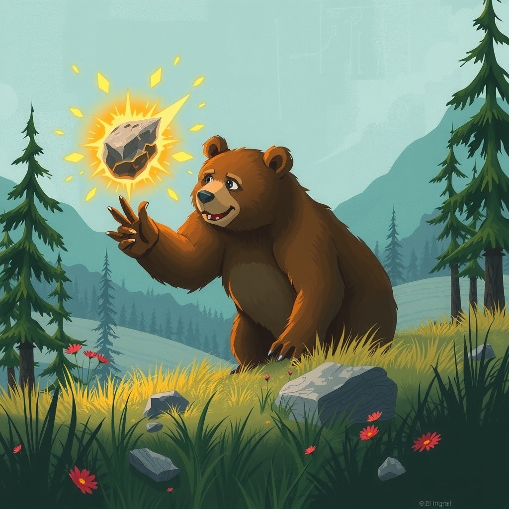 Cheerful bear in vibrant forest with glowing rock