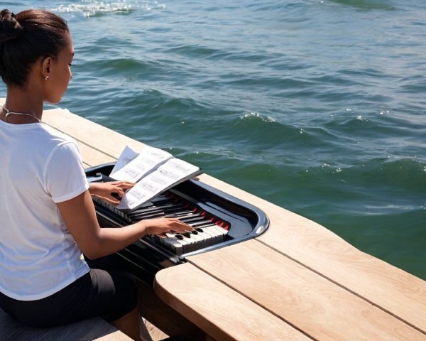 Musician Playing Keyboard on Wooden Dock by Water