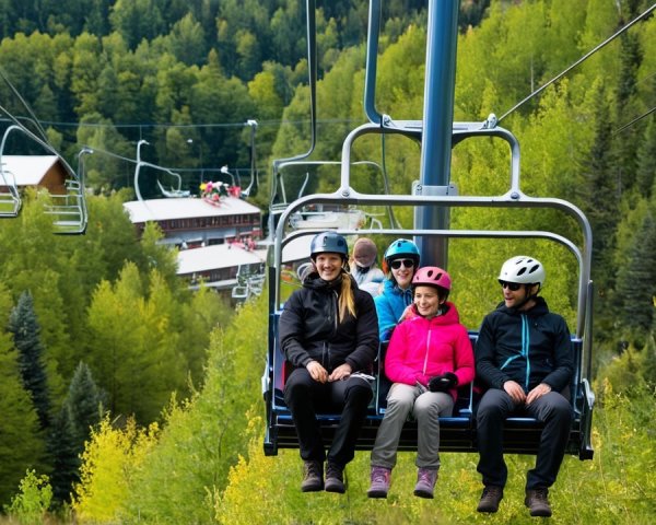Five People on Ski Lift in Scenic Mountain Landscape