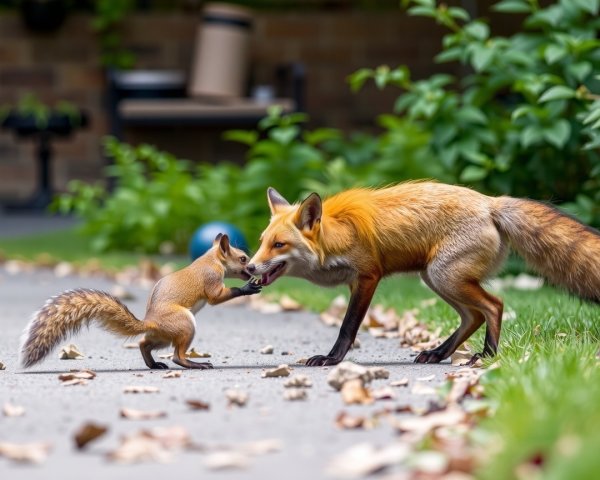 Fox and Squirrel Interaction on Garden Path