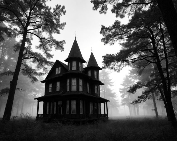 Dark Victorian Mansion in Foggy Forest Setting