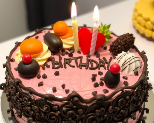 Decorative Birthday Cake with Pink Frosting and Candles