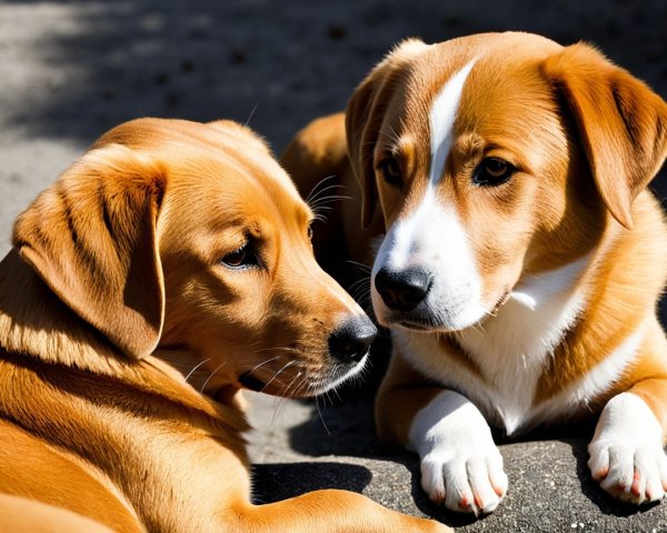 Golden Brown Puppies Resting in Sunlit Setting
