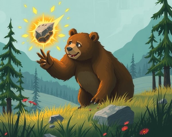 Cheerful bear in vibrant forest with glowing rock
