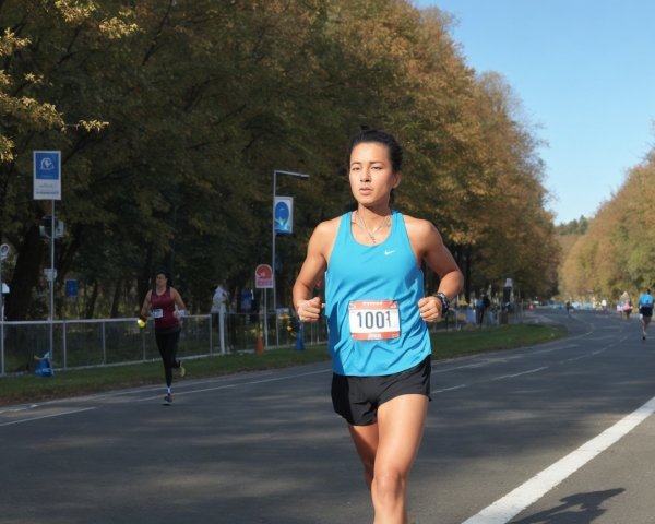 Female runner in blue tank top on tree-lined road