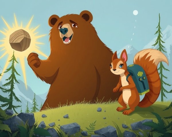 Cheerful bear and squirrel in vibrant woodland scene