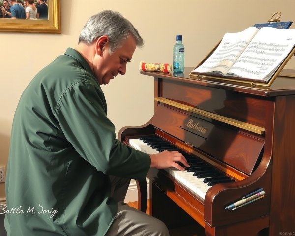 Man in Green Shirt Playing Piano in Cozy Room