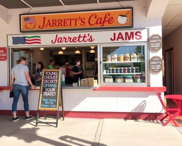 Charming Cafe with Red and White Exterior and Jams