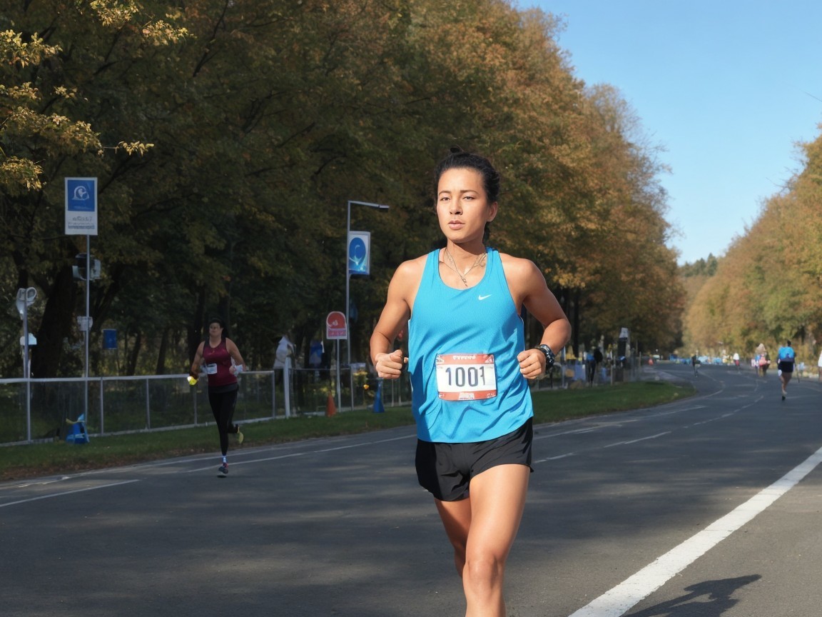 Female runner in blue tank top on tree-lined road