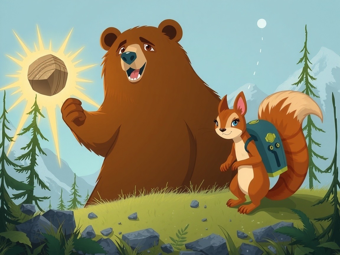 Cheerful bear and squirrel in vibrant woodland scene