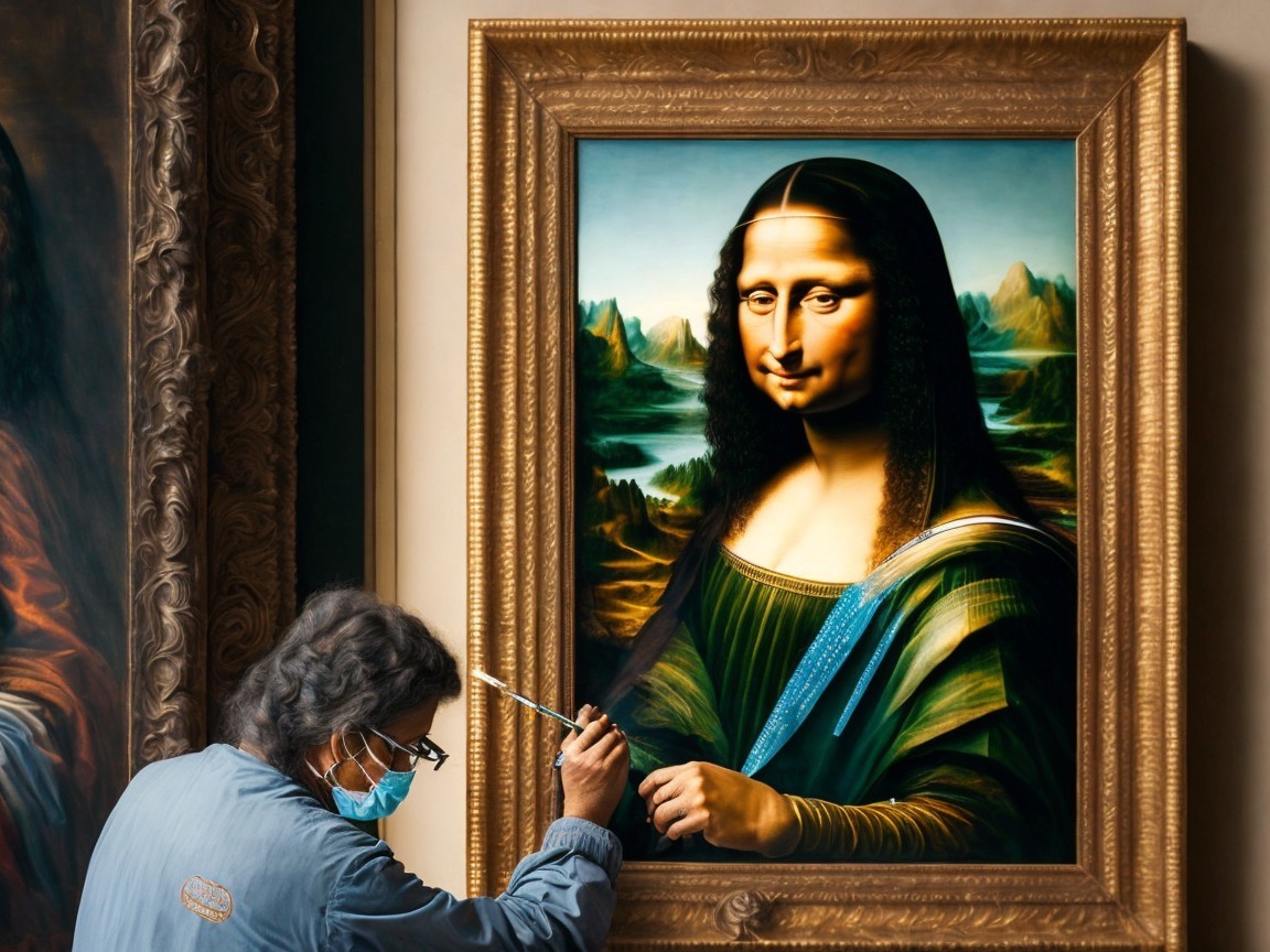 Reimagined Mona Lisa in a Spacious Art Gallery