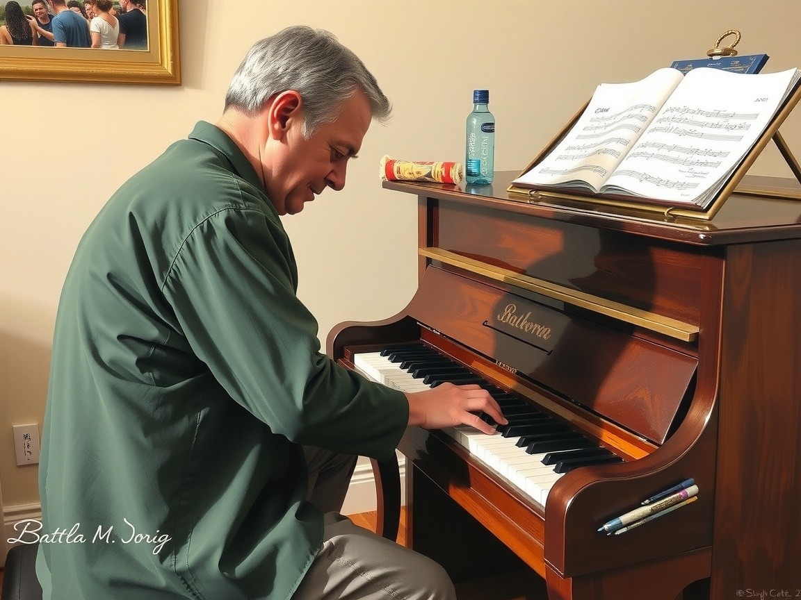 Man in Green Shirt Playing Piano in Cozy Room