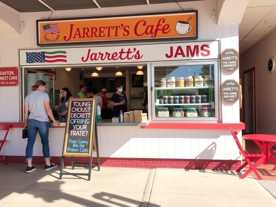 Charming Cafe with Red and White Exterior and Jams