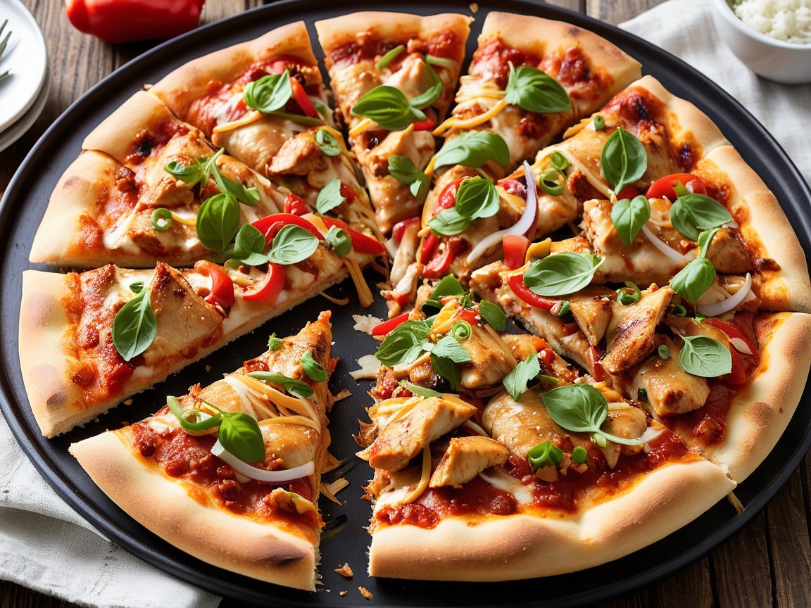 Colorful Pizza with Grilled Chicken and Fresh Basil