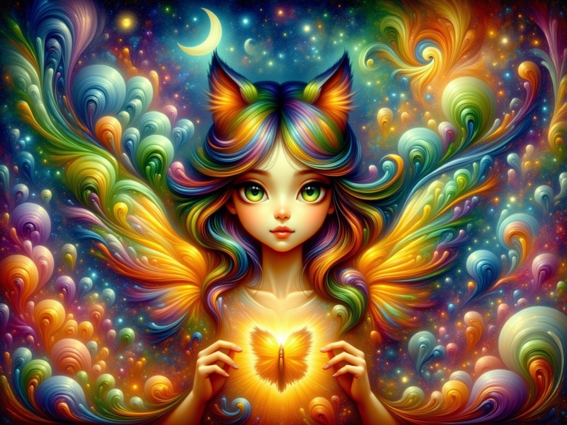 Whimsical illustration of a girl with vibrant hair