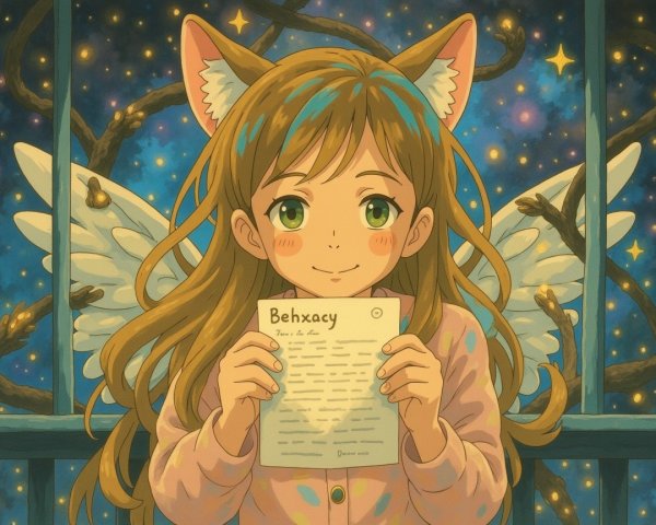 Young girl with cat ears and angel wings holding letter