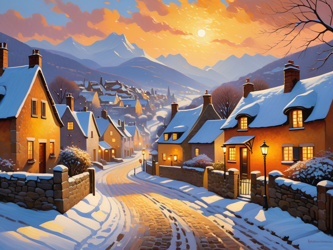 Winter Village at Sunset with Snow-Covered Homes