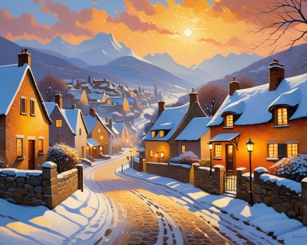 Winter Village at Sunset with Snow-Covered Homes