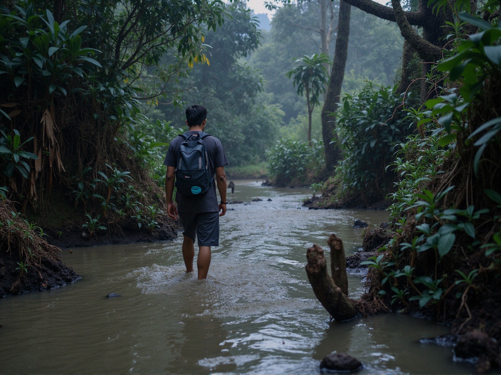 Person Wading Through Stream in Lush Forest Setting