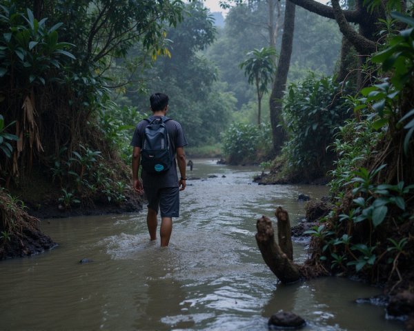 Person Wading Through Stream in Lush Forest Setting