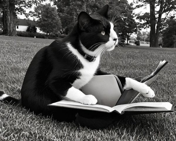 Black and white cat on grass with open book