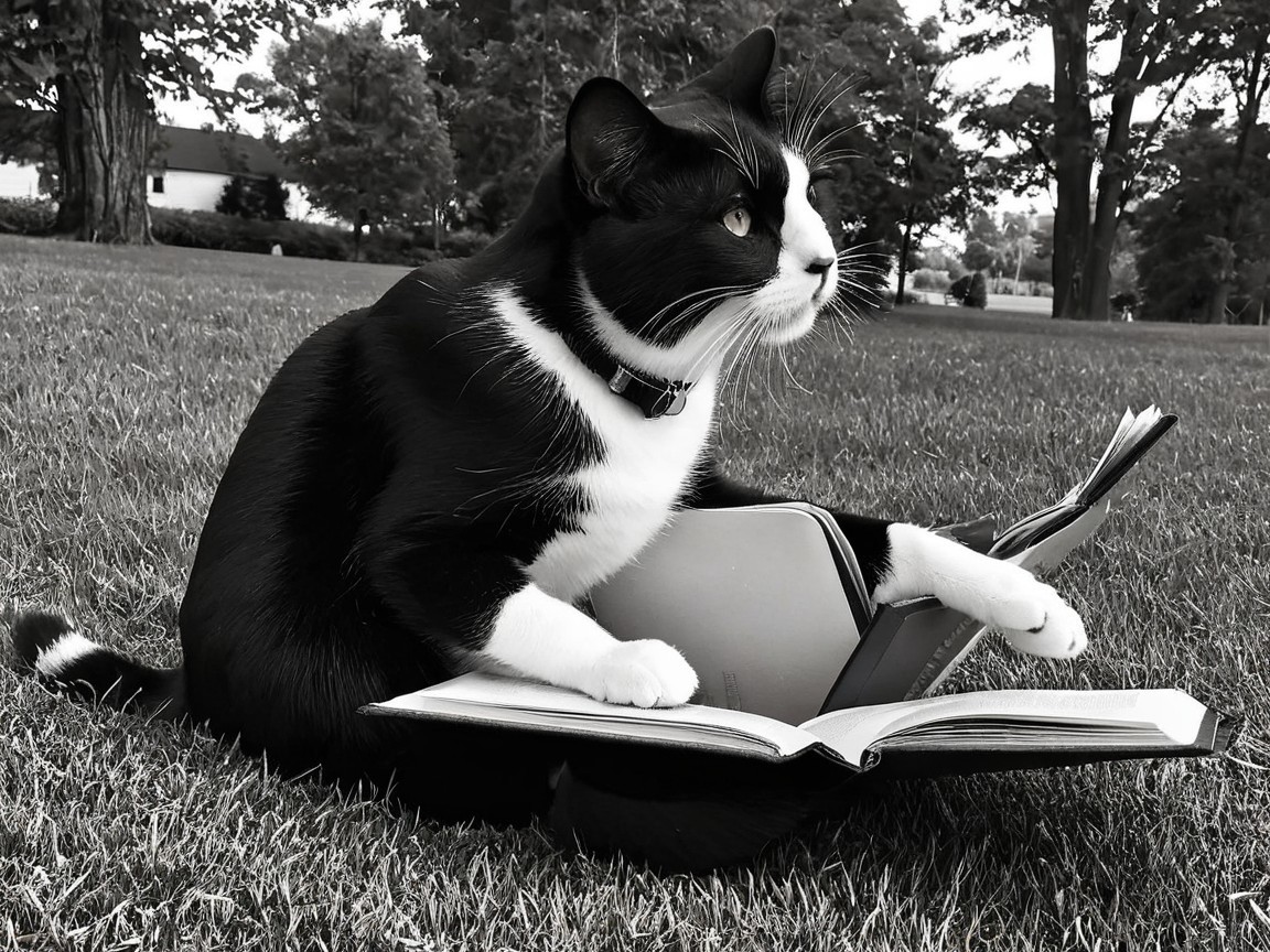 Black and white cat on grass with open book