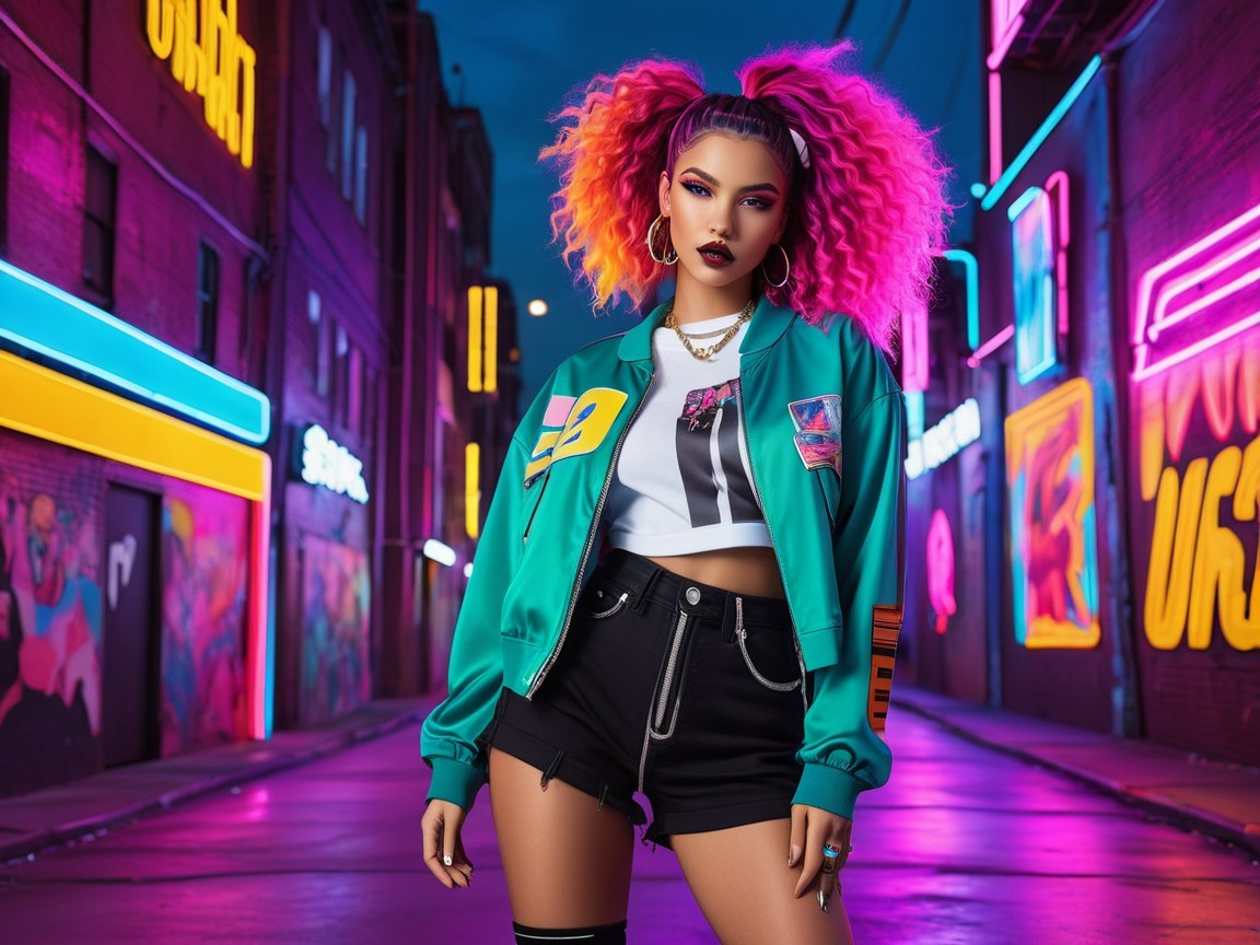 Stylish Figure in Neon-Lit Urban Alley Setting