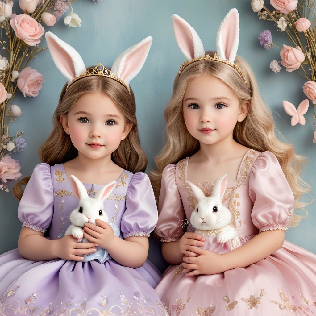 Young girls in pastel dresses with bunnies in a floral scene