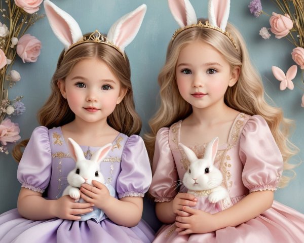Young girls in pastel dresses with bunnies in a floral scene