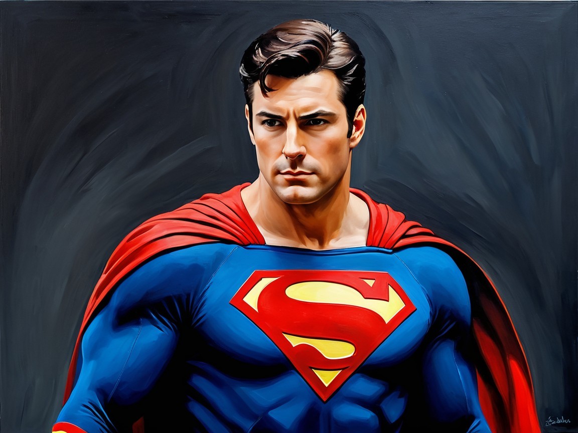 Muscular superhero in blue suit with red cape and emblem