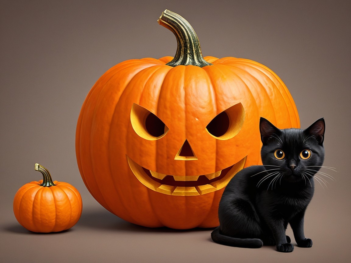 Carved pumpkins and a black cat in a fall setting