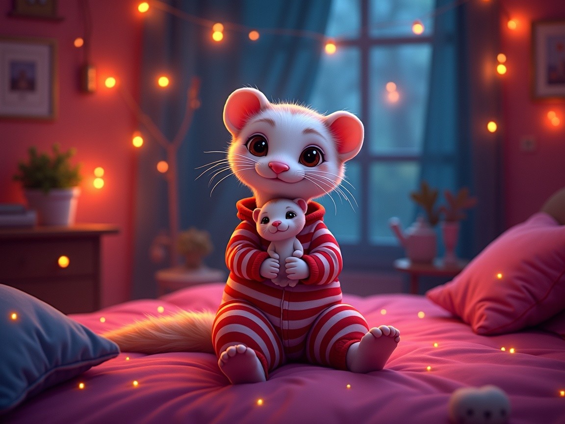 Cozy Bedroom with Cartoon Ferret and Whimsical Decor