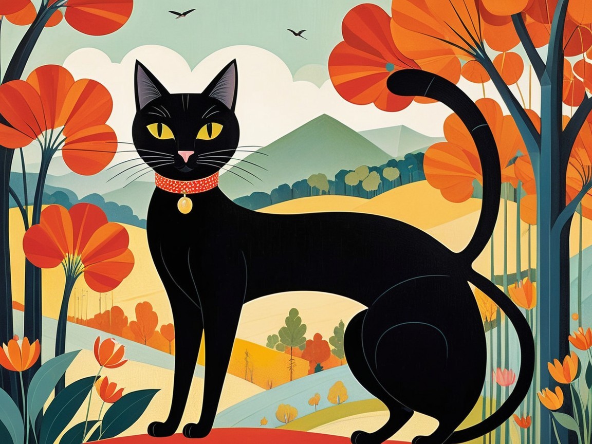 Black Cat with Golden Eyes in Vibrant Landscape