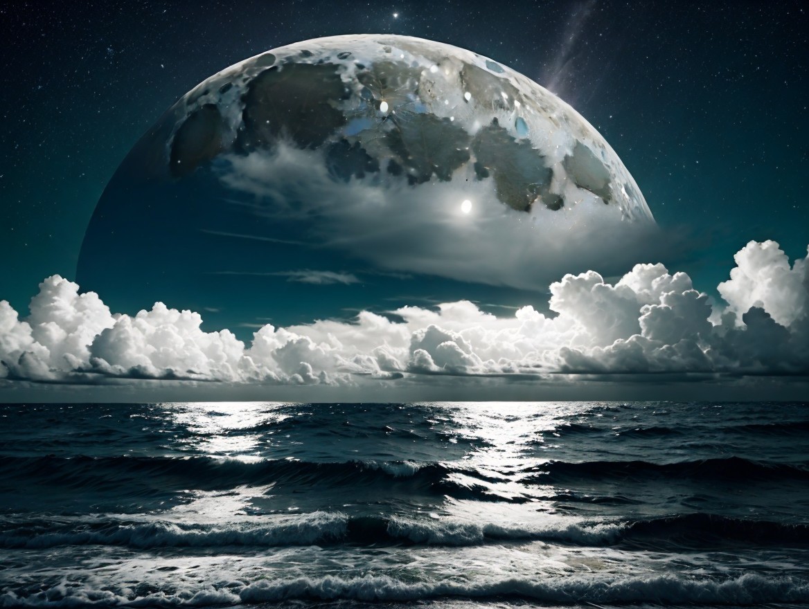 Surreal Moonlit Ocean Scene with Starry Sky