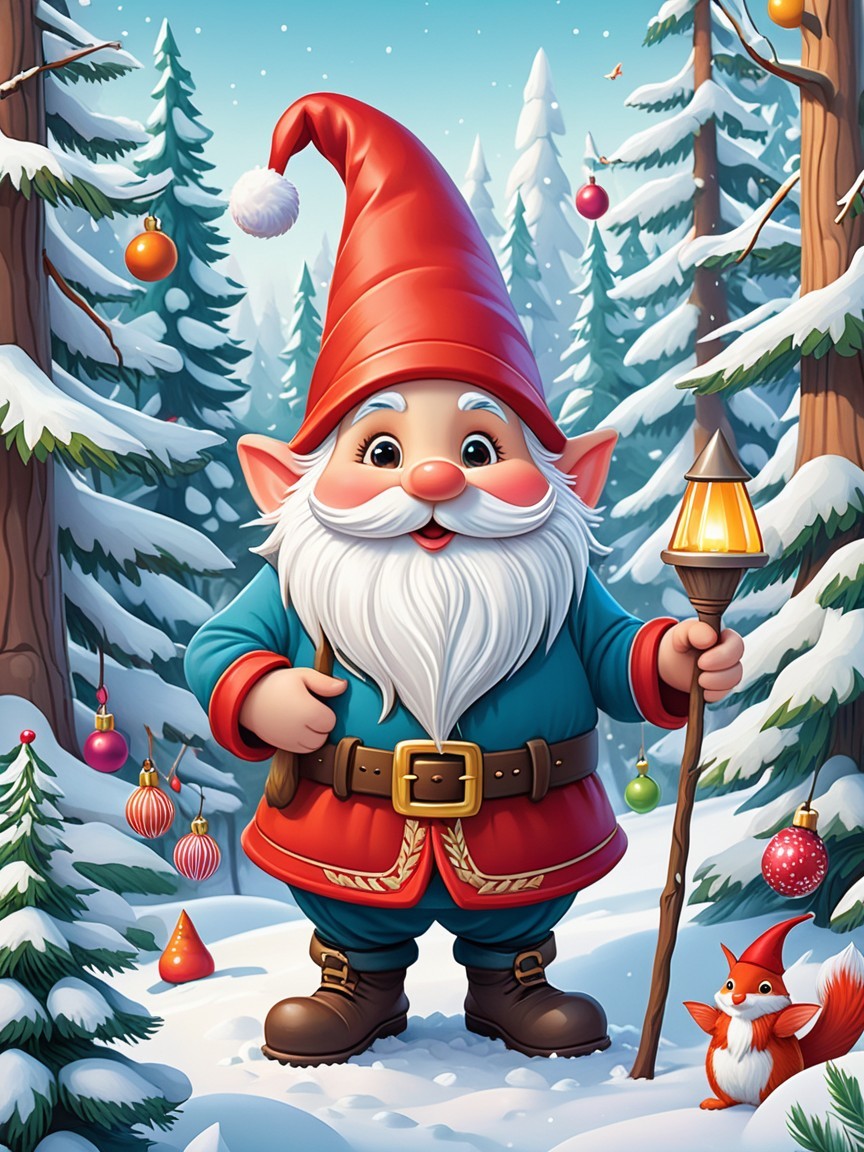 Cheerful gnome in snowy forest with colorful ornaments