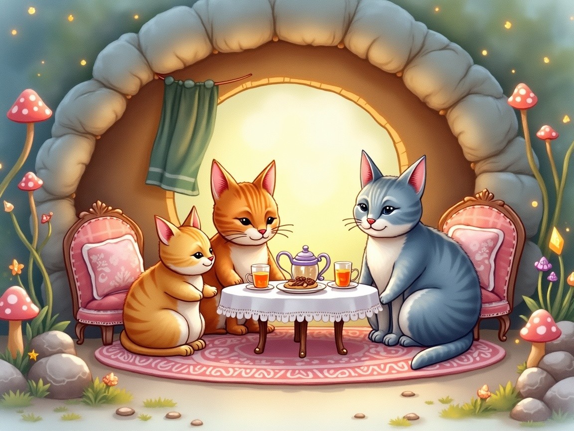 Cats Enjoying Tea in a Cozy Whimsical Setting