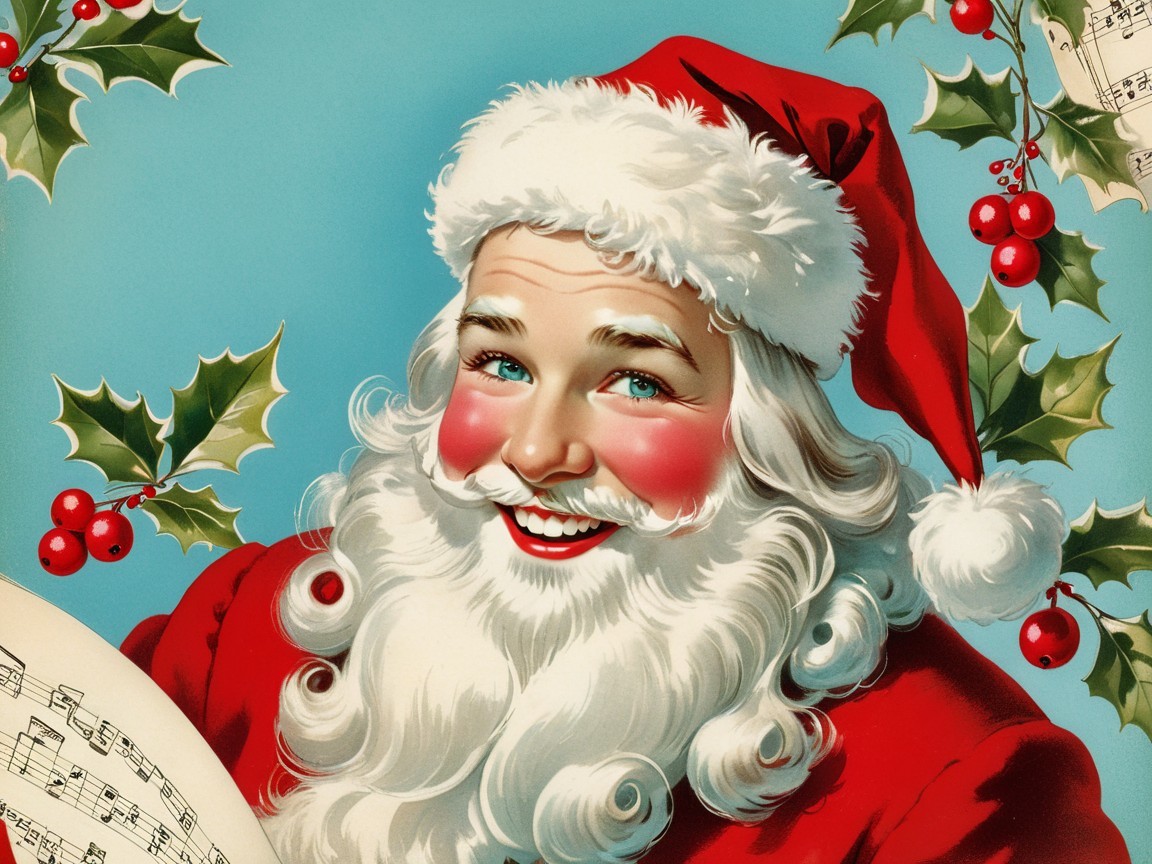 Cheerful Santa Claus in Classic Red Suit with Festive Decor