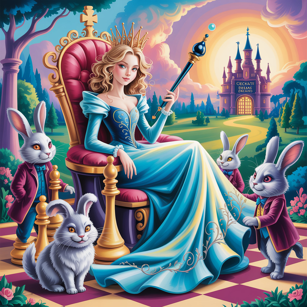 Regal queen in blue gown with whimsical rabbits and castle