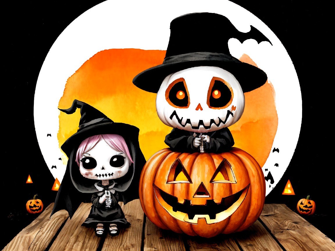 Whimsical Halloween Scene with Pumpkin Figures and Bats