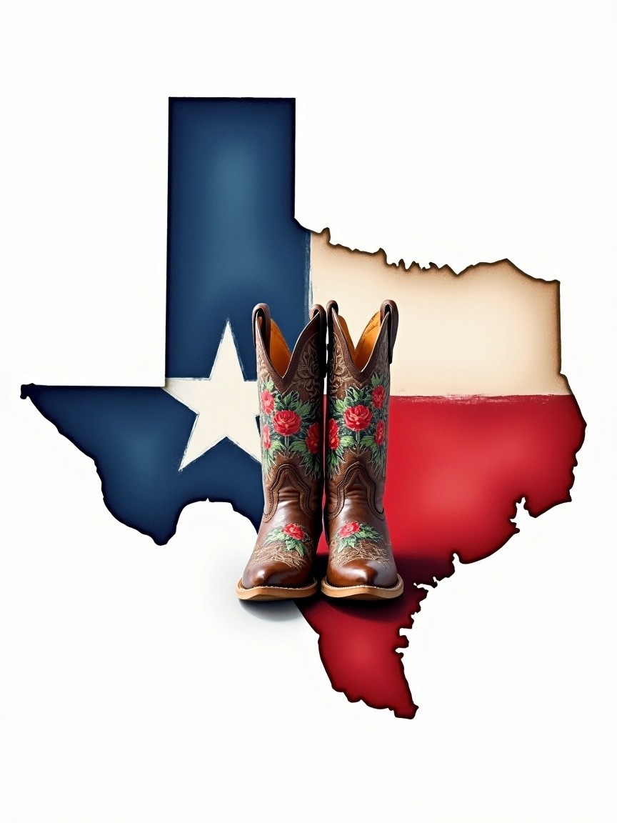 Texas Silhouette with Cowboy Boots and State Flag Colors